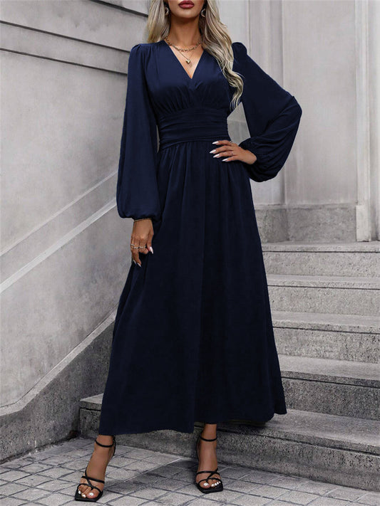 Autumn and Winter New Women's Lantern Sleeves V-neck High Split Dresses