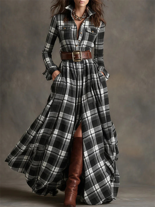 Women's French Vintage Plaid Print Asymmetrical Dress, Long-Sleeved Plaid Maxi Dress