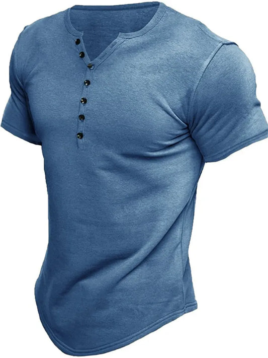 Summer New Men's Henley Shirt Short-sleeved Men's Solid Color Buttons T-shirt Tops
