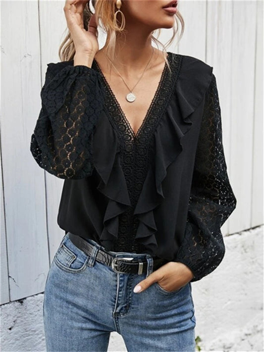 New Temperament and Elegant Solid Color V-neck Loose Type Ruffle Hollow Polka Dot Lace Long-sleeved Women's British Style Tops