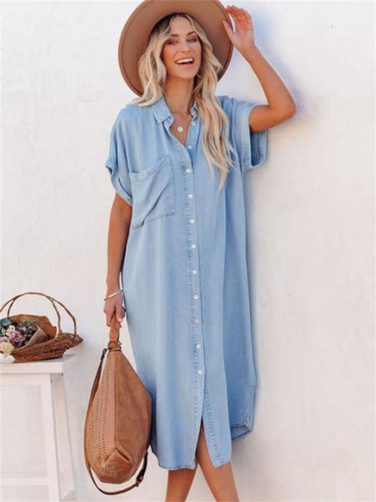 New Summer Women's Solid Color Denim Short-Sleeve Maxi Dress with Slit and Batwing Sleeves