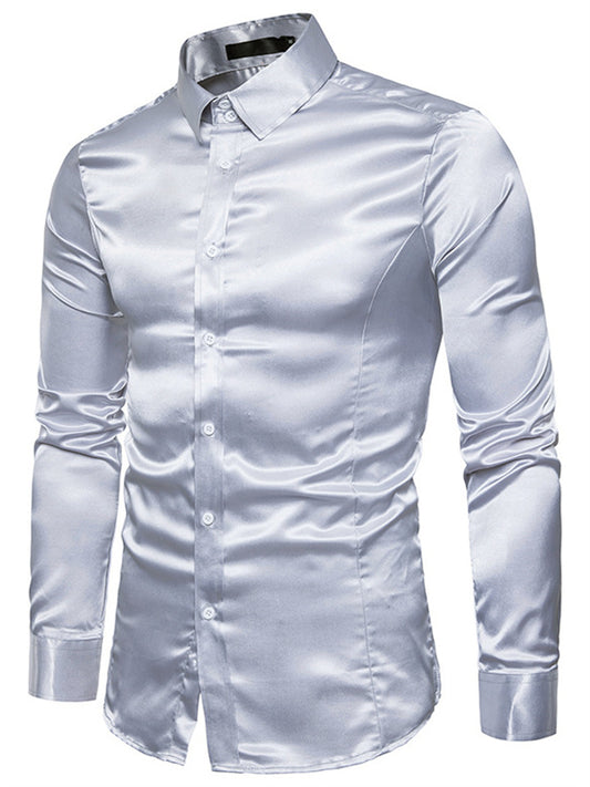 Men's Dress Shirt Button Up Shirt Collared Shirt Prom Shirt Satin Silk Shirt Plain Collar Navy Black White Yellow Pink Wedding Party Long Sleeve Clothing Apparel Vintage Luxury Classic Shiny