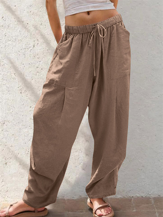 Women's Solid-Color Drawstring Cotton-Linen Blend Casual Loose-Fit Long Pants