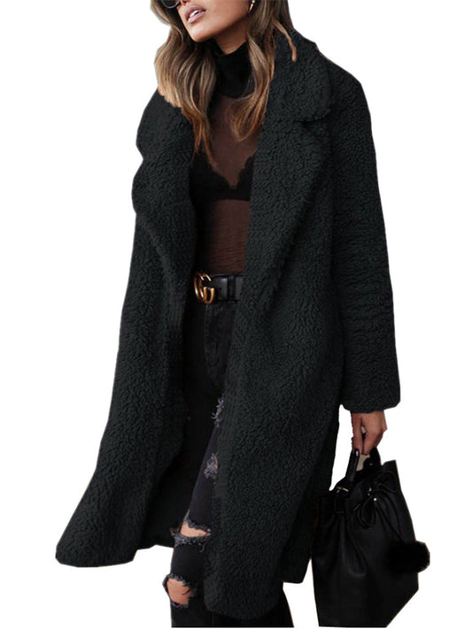 Autumn and Winter Solid Color Long-sleeved Lapel Women Plush Top Temperament Commuter Double-sided Velvet Long Coat Coat