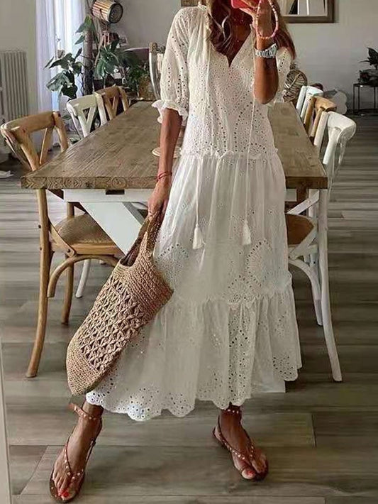 Casual Sweet V-neck Print Hanging Beard Short Sleeve Medium Length Dress White Dresses