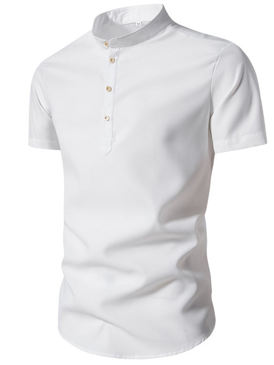 Men's Short-sleeved Shirt Stand-up Collar Pullover Solid Colour Buttons Casual Fashion Short-sleeved Shirt
