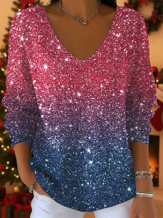 Women's New Drop-Shoulder V-Neck Long-Sleeve 3D Printed Top T-Shirt 2