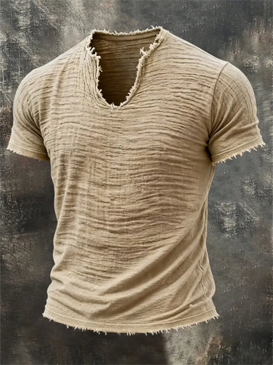 Solid-Color Men’s Retro Cotton-Linen Frayed-Edge V-Neck Short-Sleeve T-Shirt
