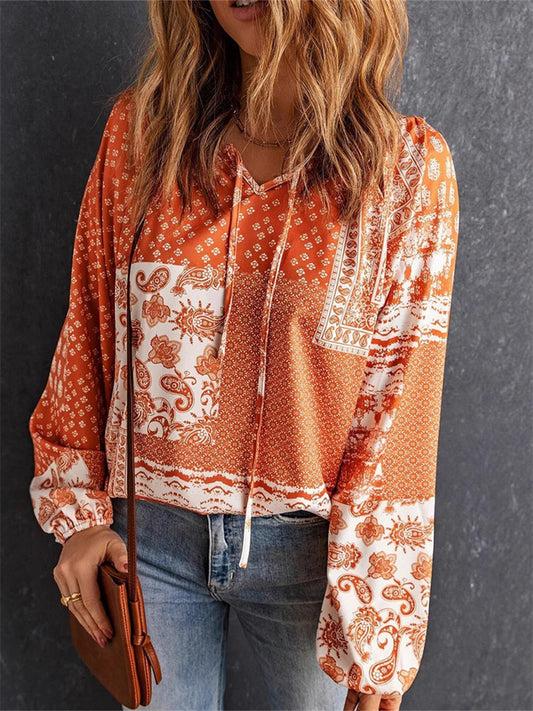 New Women's Long-sleeved Printed Ethnic Top T-shirt Shirt