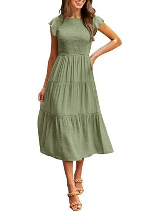 Women's Ruffle Sleeve Drawstring Layered Short Sleeve Big Hem Dress Solid Color Dresses