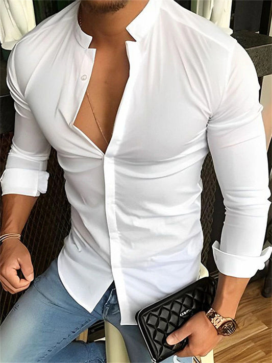 Men's Shirt Button Up Shirt Casual Shirt Summer Shirt Black White Navy Blue Blue Long Sleeve Plain Band Collar Daily Vacation Clothing Apparel Fashion Designer Casual Comfortable