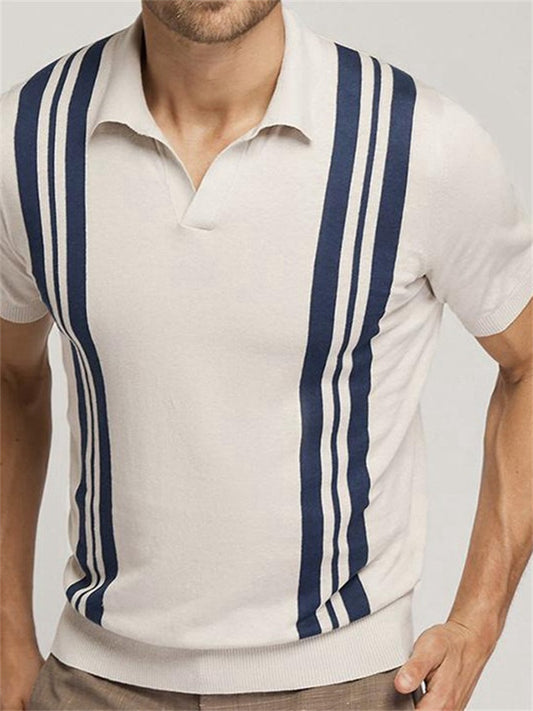 Summer Men's Striped Short-sleeved Knit Shirt Apricot Slim Lapel Casual Polo Shirt Men's Tops M L XL 2XL 3XL