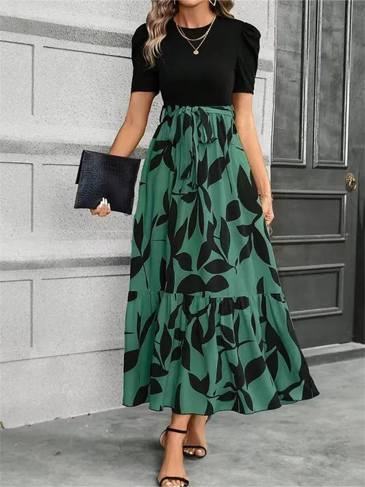 Women’s Floral-Print High-Waisted Fashionable and Elegant Princess-Sleeve Dress