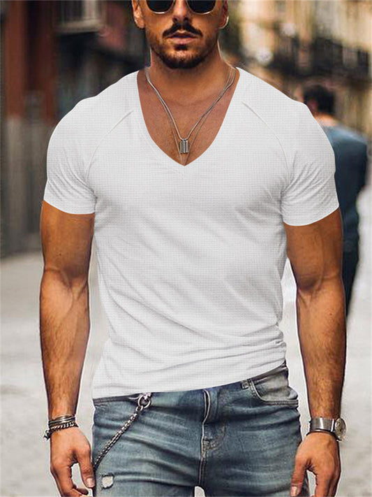 Men's Summer Wrinkle-resistant Breathable Waffle Solid Color T-shirt Loose V-neck Plunging Sleeve Solid Color Quick Dry Men's Short-sleeved T-shirt