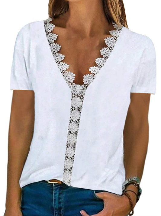 Short-sleeved Comfortable Casual Lace V-neck Print T-shirt Women