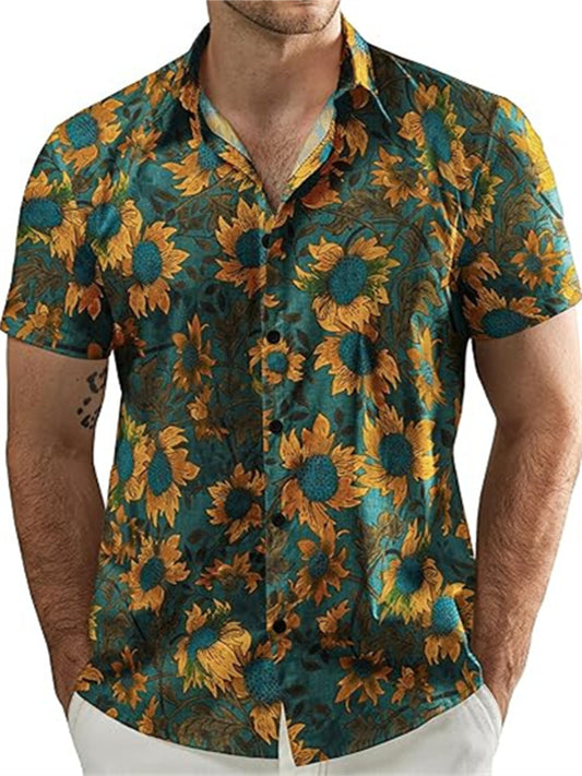 Men's Summer Slub Linen Breathable Short-Sleeve Shirt with Sunflower Print