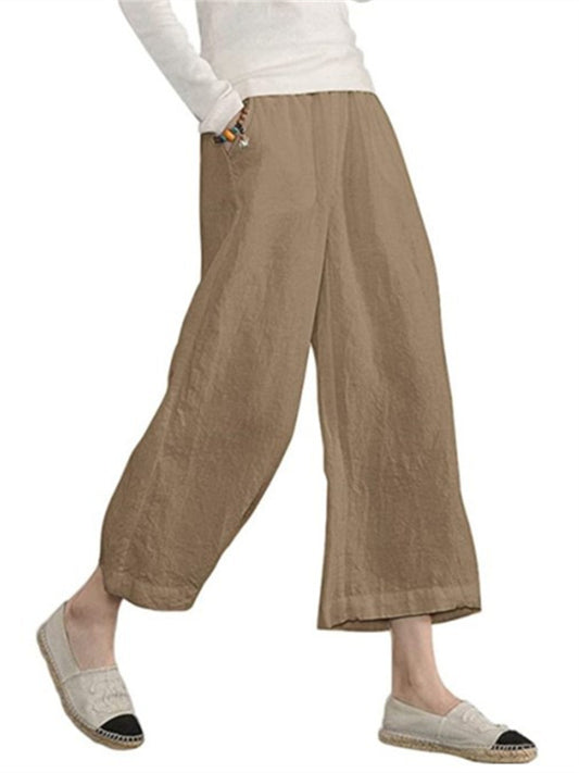 Women's Summer New Solid Color Cotton and Linen Loose Casual Wide-legged Nine-minute Pants