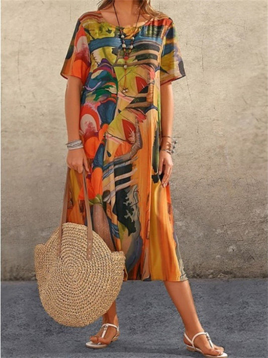 Summer Short-sleeved Loose-fitting Round Neck Fashionable Casual Printed Dress