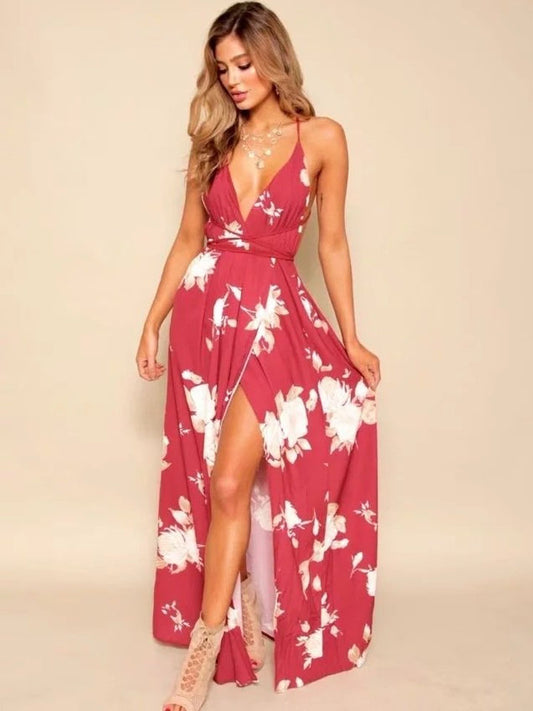 Fashion Sexy V-neck Low Chest Suspender Backless Women's Chiffon Dress