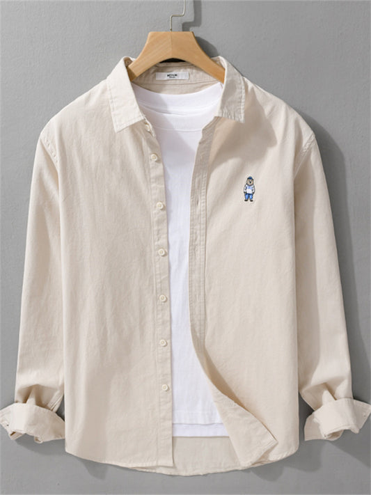 Men's Spring and Autumn Casual Cotton Long Sleeve Shirt Embroidery Shirt