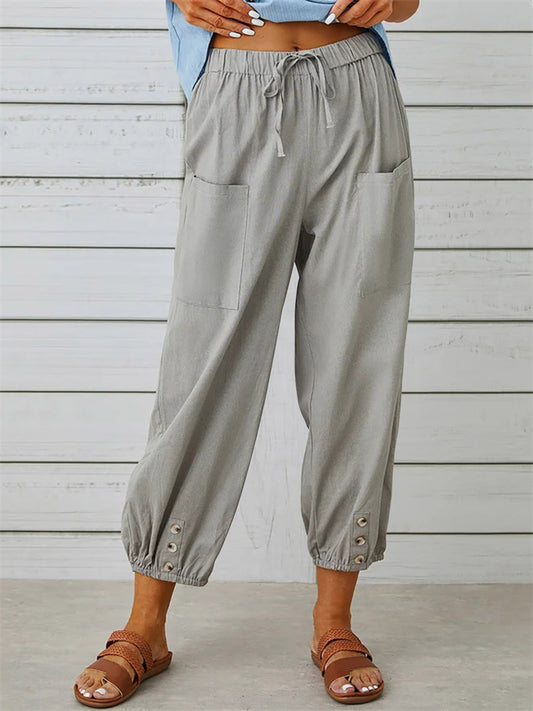 New Loose Type Comfortable Casual Mid-waist Button Cotton Linen Pants Nine-quarter Pants Wide Leg Women's Pants S,M,L,XL,XXL,3XL,4XL,5XL
