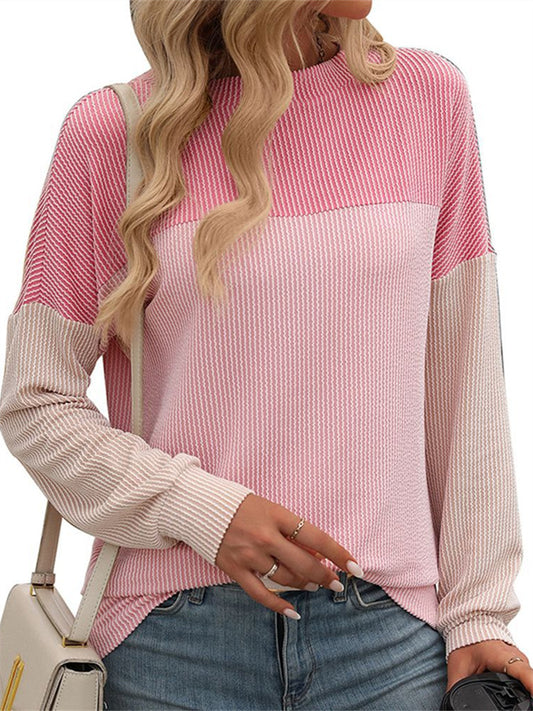 Women's New Fall and Winter Round Neck Twisted Strips Color Blocking Long-sleeved Loose T-shirt