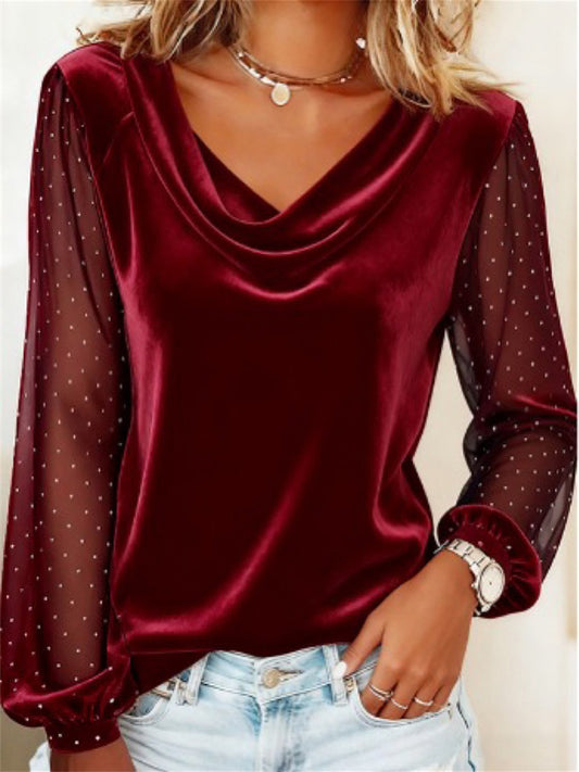 New Arrival Women's Solid Color V-Neck Mesh Rhinestone Long Sleeve T-Shirt