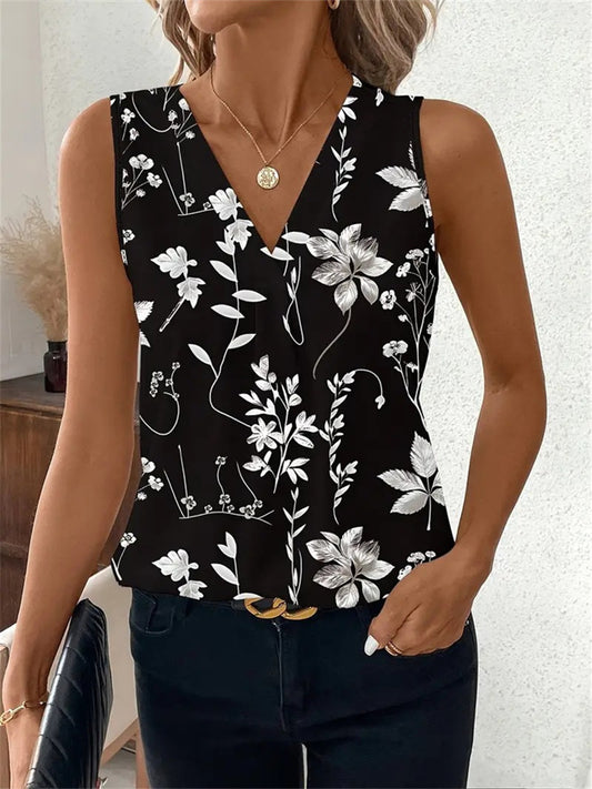 Spring and Summer New Loose Type Women's Floral Print Pile Collar Fashion Lace Lace Sleeveless Personality Wind Undershirt