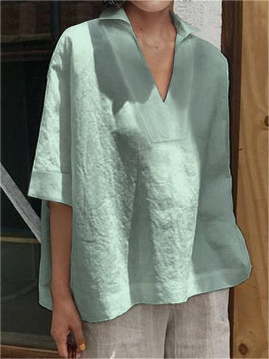 Women V-Neck Cotton and Linen Solid Color Large Size Loose Medium-sleeved Women's Turndown Collar Shirt