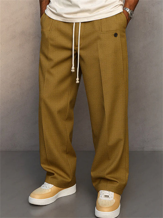 Men's Solid-Color Button-Front Comfortable Straight-Leg Drawstring Casual Pants