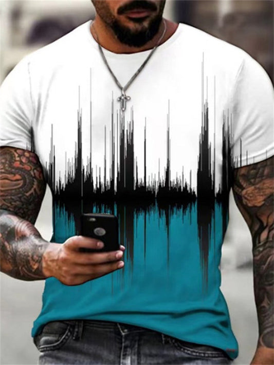 Summer Trend Men's T-shirt with 3D Printed Black and White Striped Short-Sleeve Design