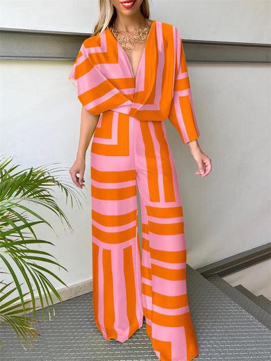 Women's Temperament Commuter Bat Sleeve Irregular V-neck Short Sleeve Waisted Wide Leg Pants Straight Pants Pants Trousers