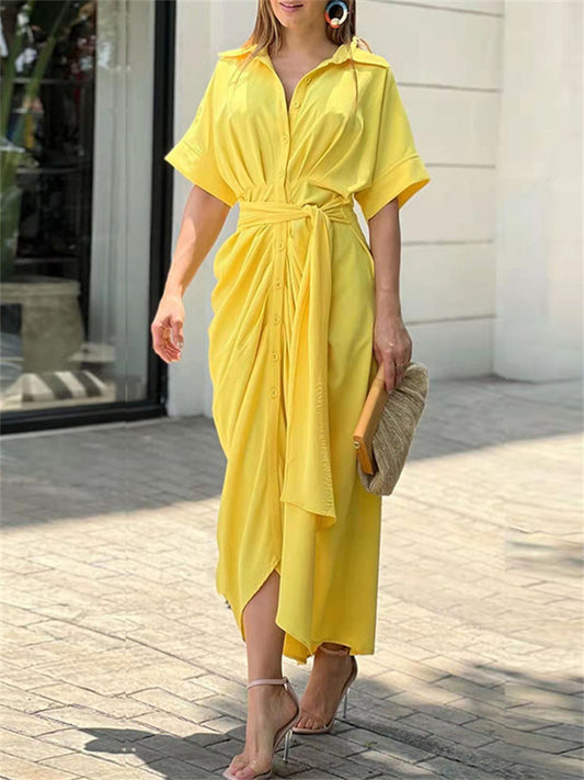Spring New Arrival Women's Fashionable Lapel-Neck Tie-Waist High-Waisted Solid-Color Dress