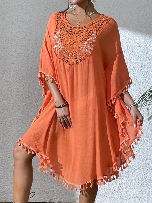 New Beach Dresses Beach Cover-ups Crocheted Patchwork Fringed Swim Dresses