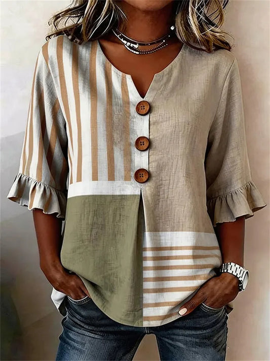Women's Lace-Sleeve Shirt Casual Loose-Fit V-Neck Short-Sleeve Printed Shirt
