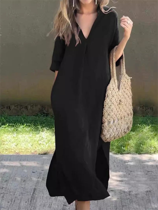 Women's New Fall and Winter Fashion Retro Comfortable Casual Printed V-neck Senior Sense of Cotton Linen Dress Female
