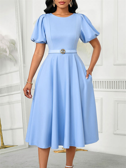 Short Sleeve Pleated Solid Color Large Skirt Evening Dress Dress
