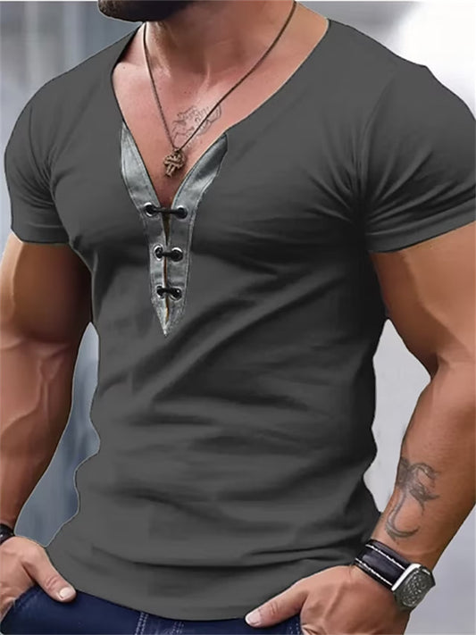 Summer New Men's Thin V-neck Colourful Ding Splicing Sports Fitness Short-sleeved T-shirt Tops
