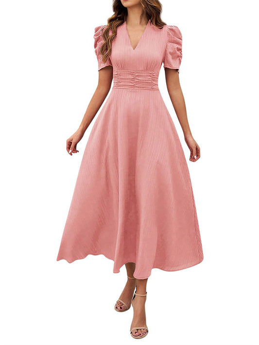 Spring/Summer Women's Fashionable High-Waisted Solid-Color Fitted Short-Sleeve Pleated Dress