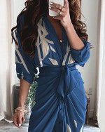 Leaf Pattern Print Tied Detail Ruched Shirt Dress