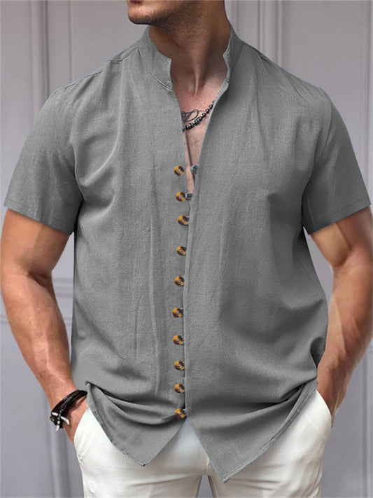 Summer Men's T-shirt Vintage Hemp Buttons Collar Short-sleeved Solid Color Short-sleeved Shirt