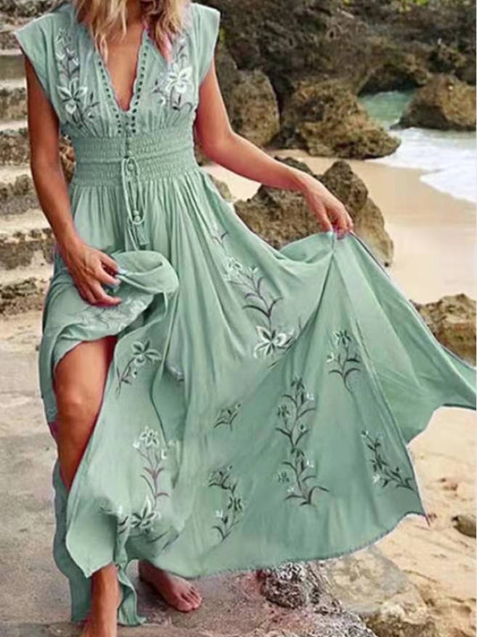 Women's V-neck French Beach Bohemian Print Dress