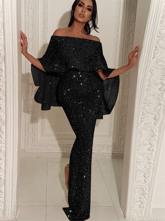 Back Large Ruffle Wrapped Chest One Shoulder Dress Package Hip Open Evening Dress