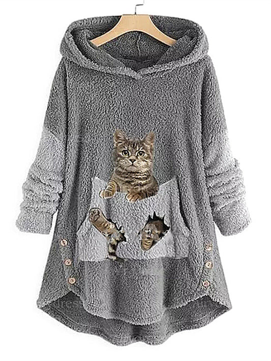 Women's Plus Size Tops Hoodie Sweatshirt Animal Cat Long Sleeve Hooded Casual Teddy Home Daily Polyester Winter Fall Green Pink