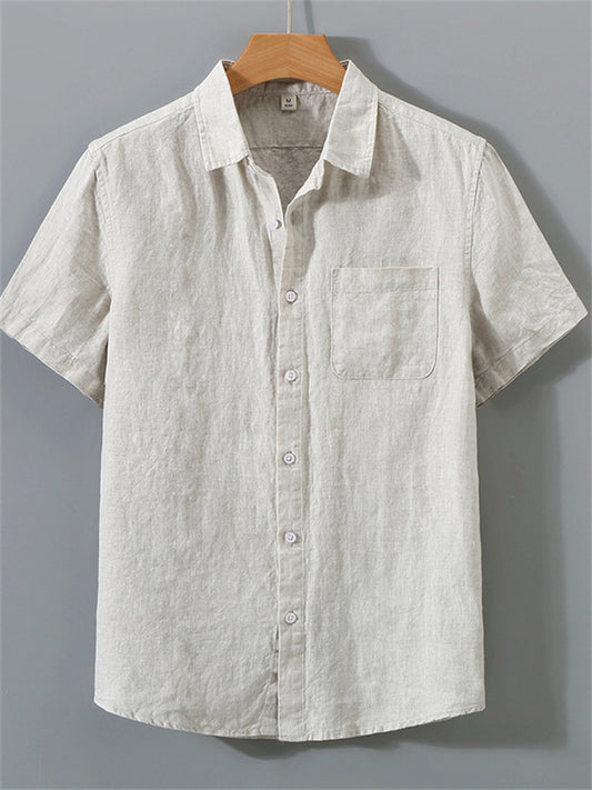 Summer Solid Color Linen Shirt Men's Short-sleeved Thin Section of The Retro Leisure Tops