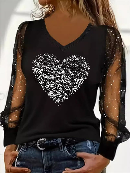 New Women's Rhinestone Heart Mesh Long-Sleeve T-shirt