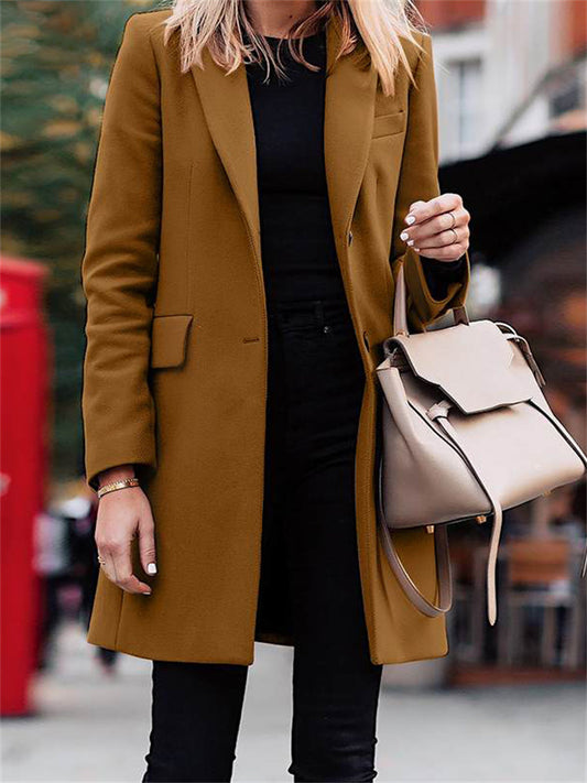 Women's New Winter Section of Medium-length Buttons Solid Color Tweed Women's Coat
