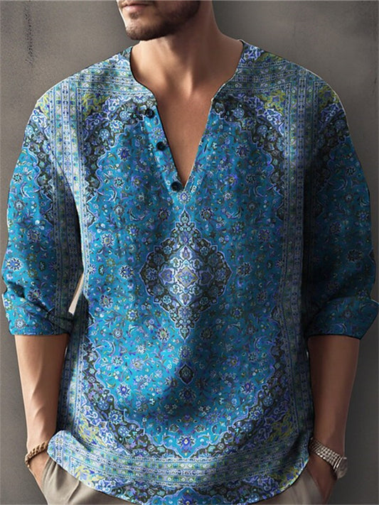 Men's Shirts Linen Shirt Long Sleeve Floral Graphic Prints Vintage Stand Collar