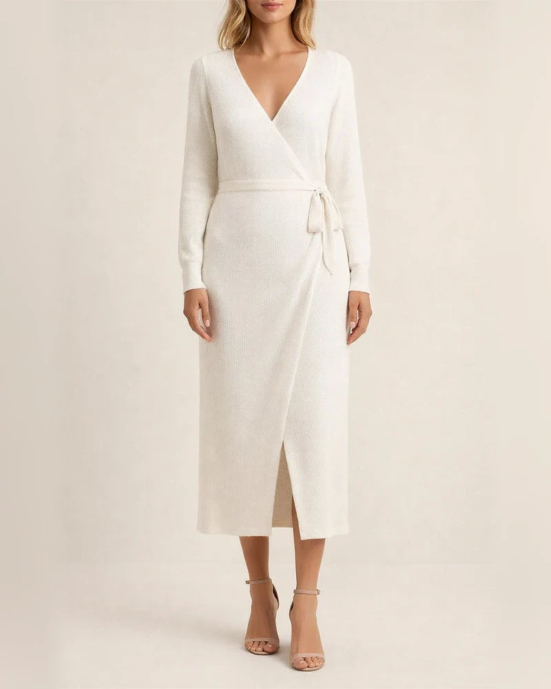 Elegant Temperament Solid Color V-neck Knit Dress | JRSEE:09a4b950-bae3-4459-8971-c0afc6937084