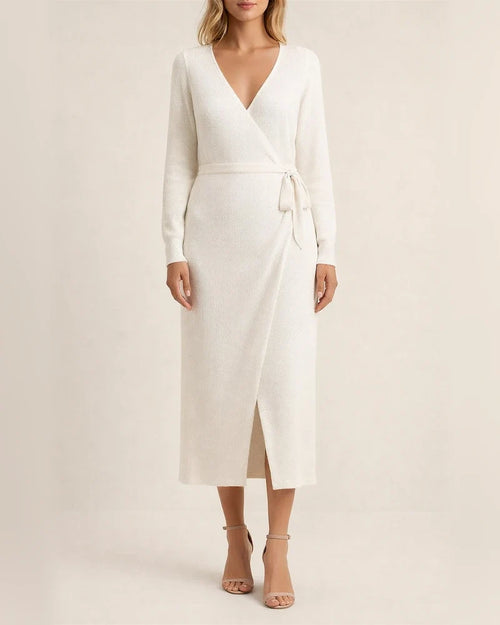 Elegant Temperament Solid Color V-neck Knit Dress | JRSEE:09a4b950-bae3-4459-8971-c0afc6937084